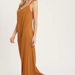 Tan Sleeveless Jumpsuit with Spaghetti Straps and V-Neck